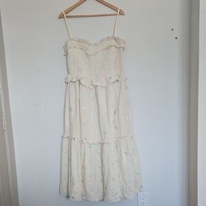 Just Me Cream Smocked Sleeveless Tiered Floral Embroidered Dress Gauzy Size L